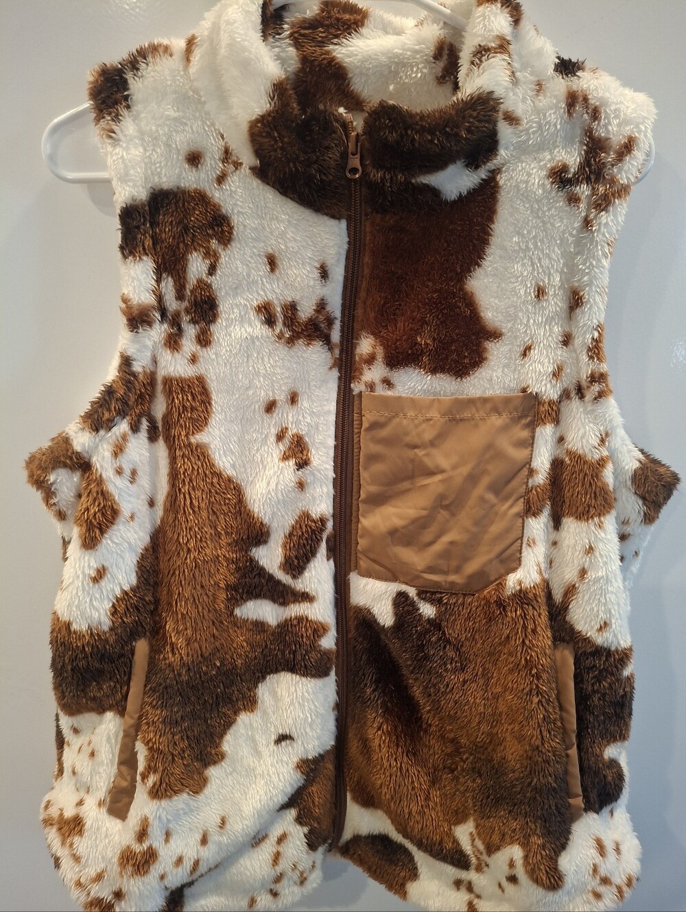 Source Unknown Brown and White Faux Fur Cow Print Vest